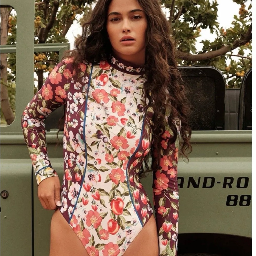 Floral Long Sleeve One-Piece Swimsuit - Pink & Burgundy